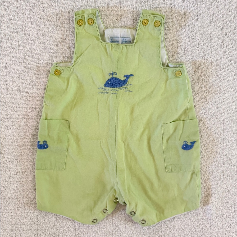 Jeanine Johnsen Vintage Green Jon-Jon Romper with Blue Whale Embroidery